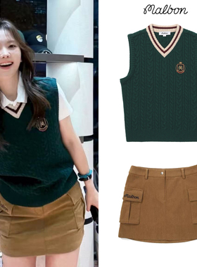 韩国MALBON高尔夫服装女套装运动休闲v领马甲背心时尚防走光短裙