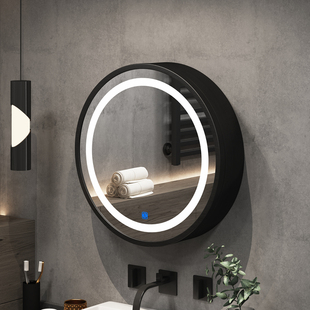 LED智能浴室镜柜实木椭圆形卫生间壁挂圆镜子带灯挂墙式 梳妆镜柜