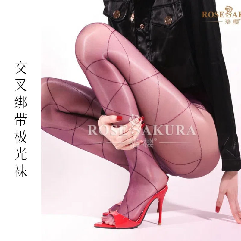 「绑带」极光大网格性感油亮无缝丝袜女丝滑油超薄透明连裤袜