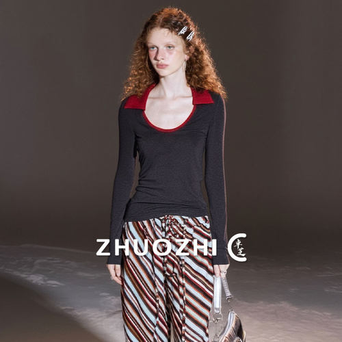 卓芝法式复古撞色U领长袖T恤