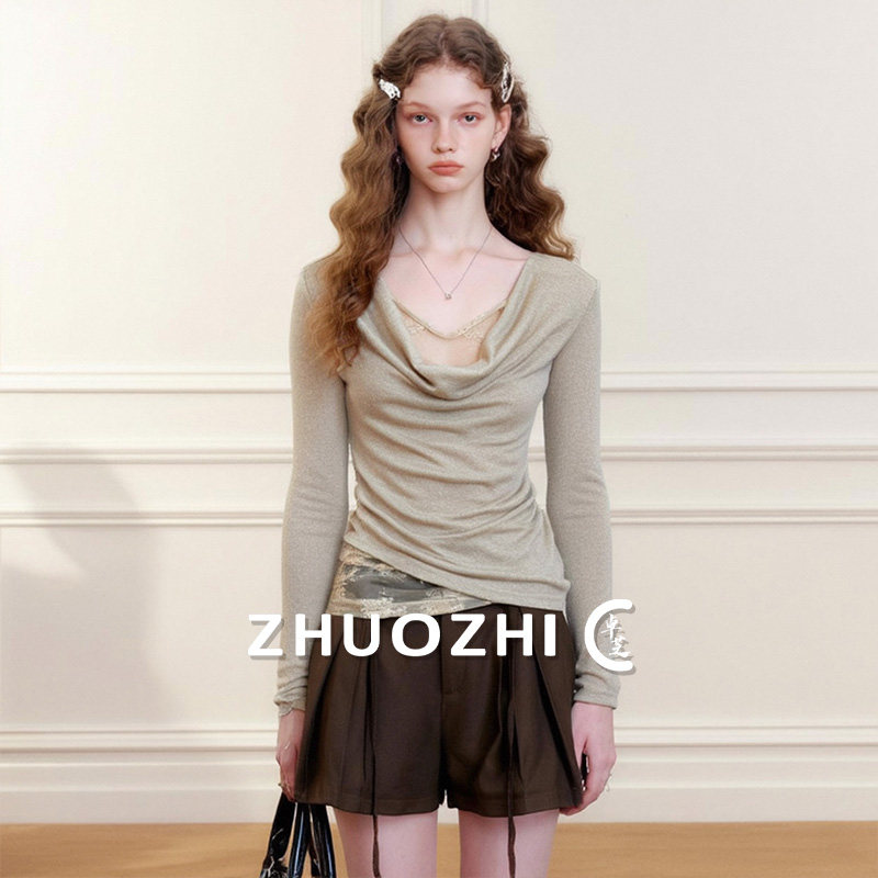 【卓芝】法式假两件荡领蕾丝长袖T恤2025秋季新款修身打底上衣女