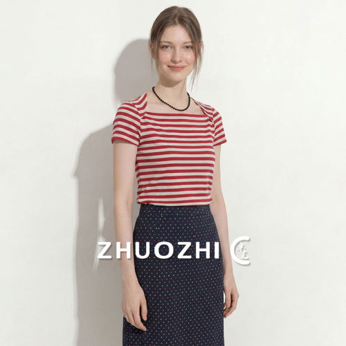 法式慵懒风红色条纹短袖T恤女