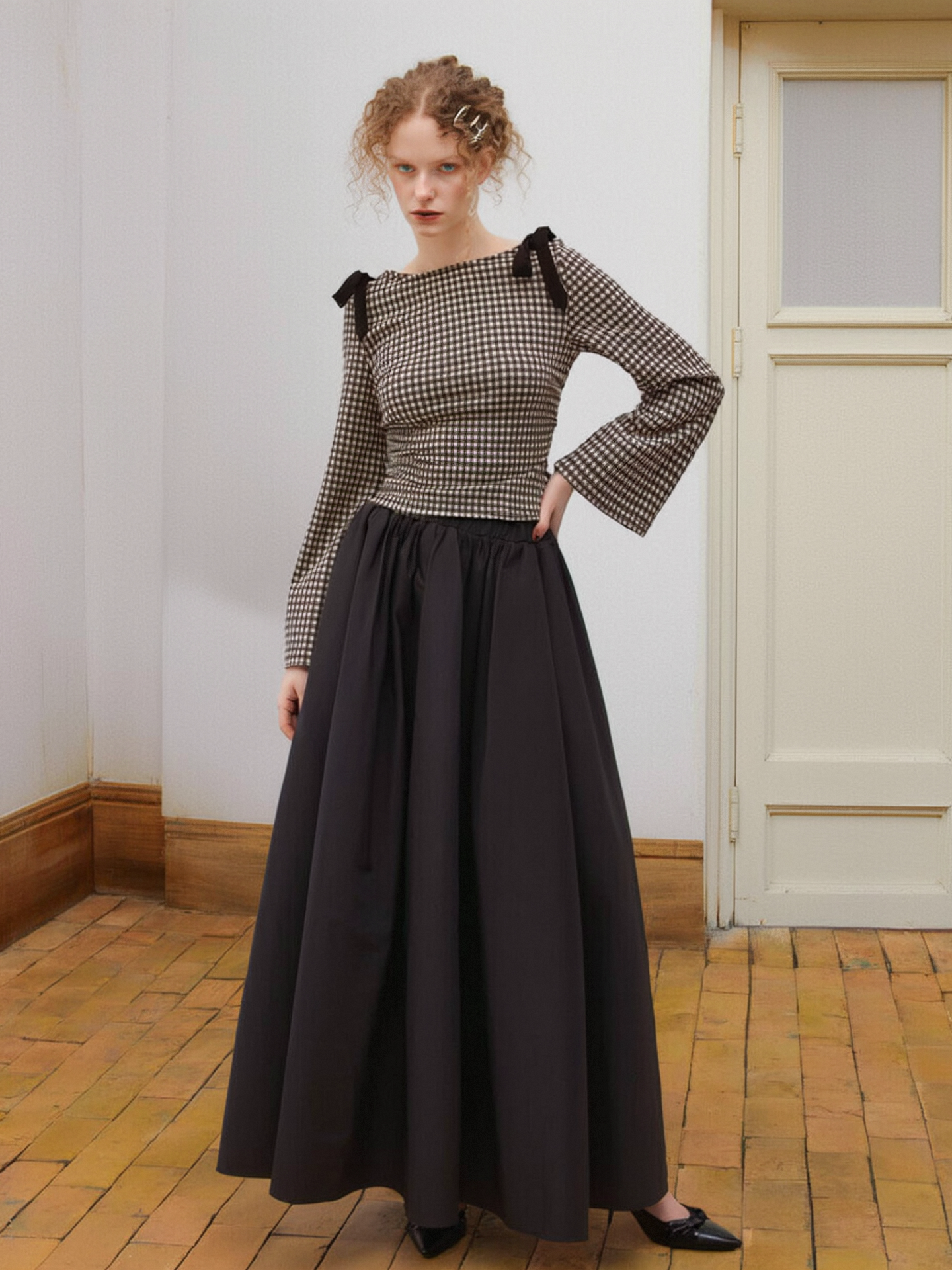 thumbnail for French boat collar plaid bow pleated long sleeves 2025 flared sleeve top for women