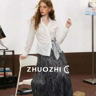 【爆款】卓芝法式褶皱收腰半身裙女2026春季新款丝带拼接长袖衬衫