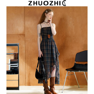 【双十一清仓秒杀】法式格纹不规则吊带裙2025修身荷叶边连衣裙女