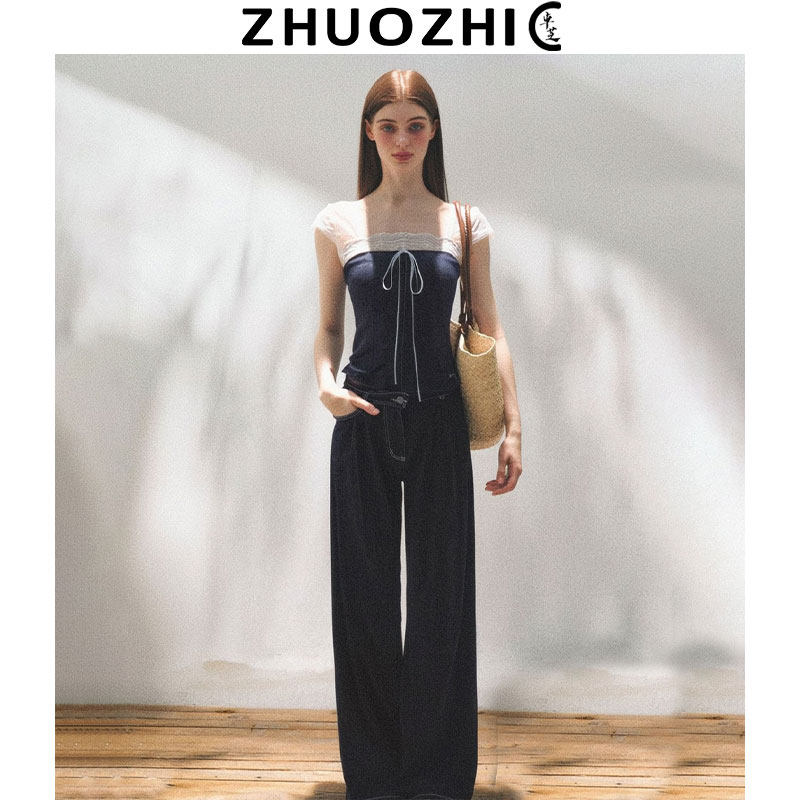 【双十一清仓秒杀】法式纯色蕾丝拼接短袖T恤女2025修身显瘦上衣