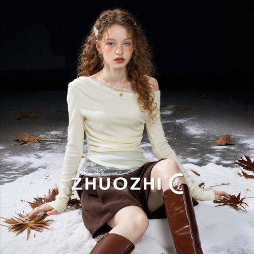 卓芝法式设计感蕾丝拼接长袖T恤