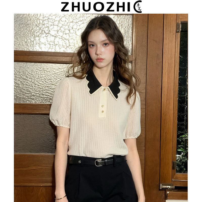 卓芝法式复古polo领短袖t恤女图片