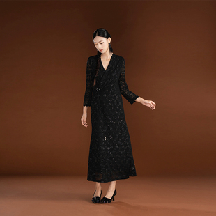 吉祥衣家新中式国风新款修身高定女装长裙气质长袖连衣裙春秋款