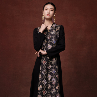 吉祥衣家新中式国风新款宋锦桑蚕丝高定长裙气质长袖连衣裙春秋款