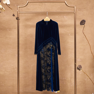 吉祥衣家新中式国风新款气质女装春秋鹤影斜春秋长袖连衣裙