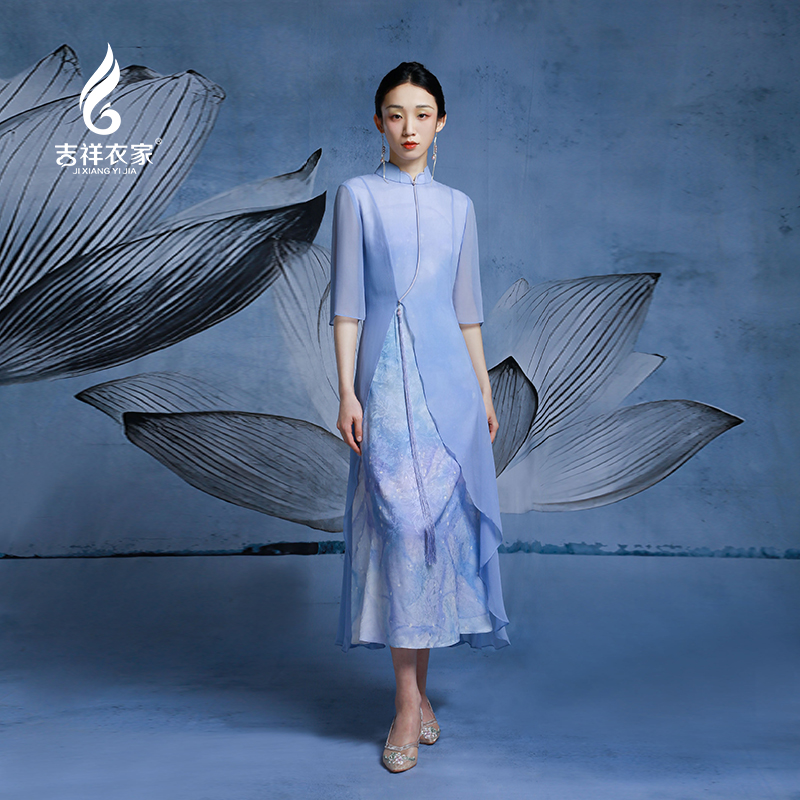 吉祥衣家新中式國風(fēng)新款裙子氣質(zhì)顯瘦修身女裝河傾月落連衣裙
