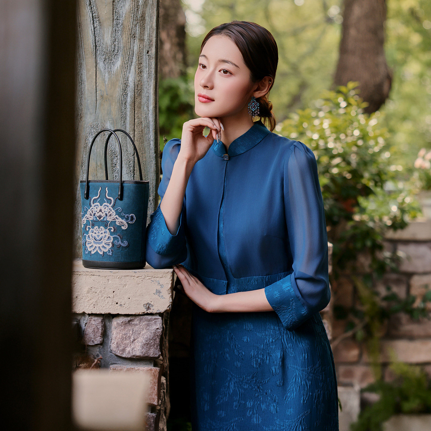 中国风新中式蓝色如烟若梦连衣裙