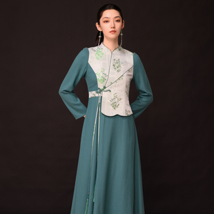 吉祥衣家新中式国风新款绵羊毛高定女装长裙气质长袖连衣裙春秋款