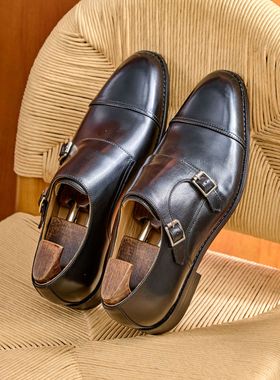 Oldmoney新款英伦增高牛皮内里孟克尖头商务正装皮鞋男双搭扣男