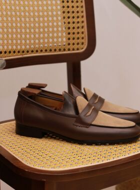 全新真皮比利时香槟英伦风休闲百搭增高真皮拼色夏季一脚蹬乐福鞋