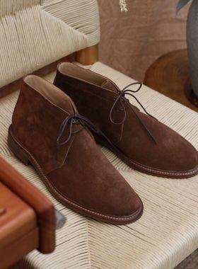 Oldmoney复古靴子男圆头中帮马丁靴反绒工装靴系带百搭户外沙漠靴