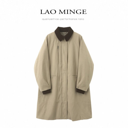 浅灰色中长款棉服 格纹内衬设计气质休闲保暖外套YRFDLQ2605YR206
