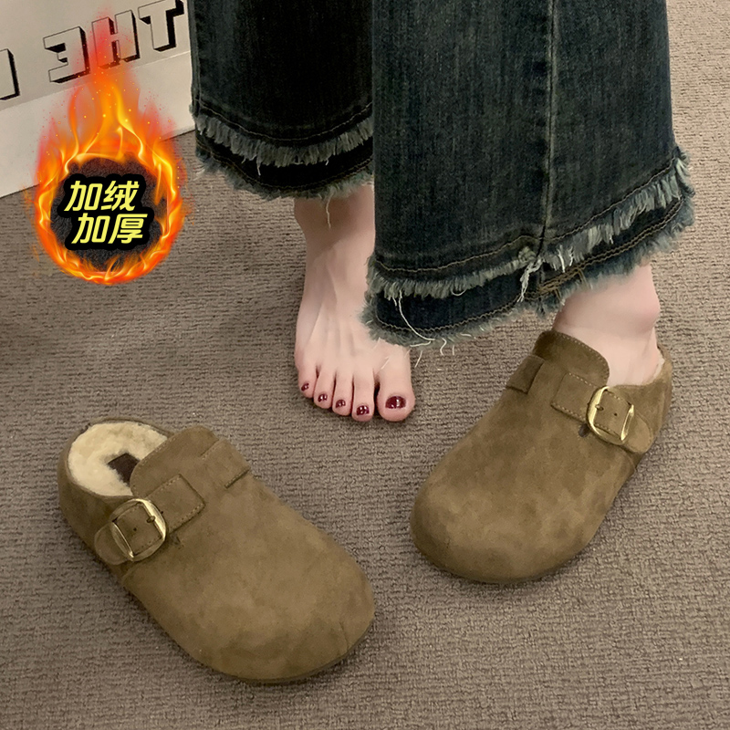 复古牛反绒包头勃肯半拖鞋女