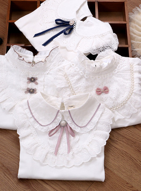 女童纯棉白色打底衫儿童立领花边长袖T恤衫女孩蕾丝衬衫上衣春秋