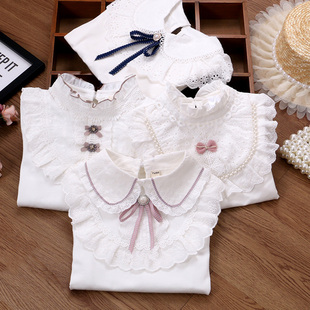 女童纯棉白色打底衫儿童立领花边长袖T恤衫女孩蕾丝衬衫上衣春秋