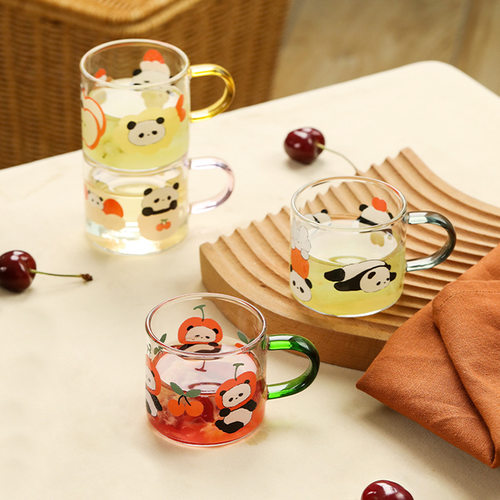 熊猫玻璃小茶杯单只高硼硅迷你带把手儿童喝水杯可爱家用杯子酒杯