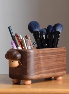 大羊笔筒黑胡桃木创意笔筒小羊卷卷实木收纳盒礼品办公室桌面摆件