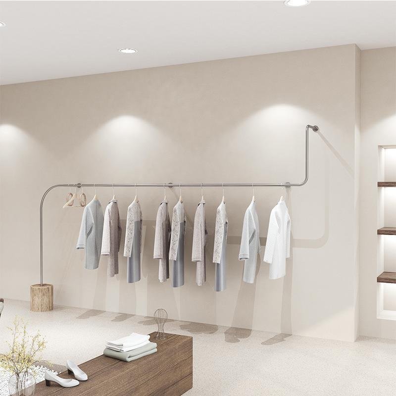 服装店展示上墙挂衣架不锈钢拉丝银色货架女装店挂衣杆网红陈列架