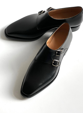 雅生AXEN手工固特异德国weinheimer黑色box calf男士双孟克皮鞋