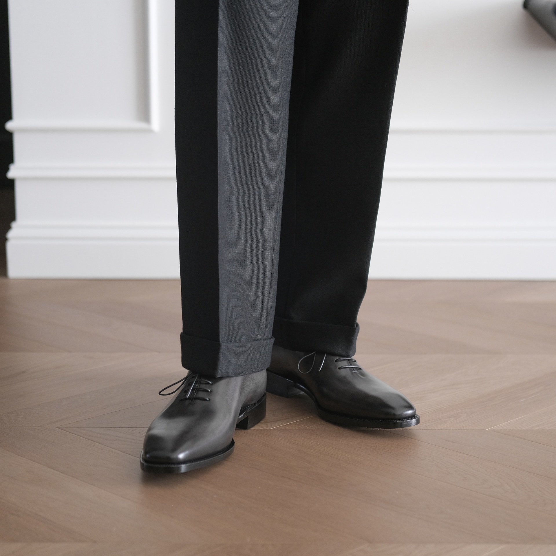 雅生AXEN手工固特异意大利Bonaudo黑灰擦色一片式牛津鞋TG73同款