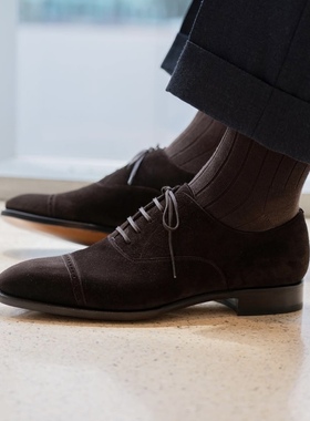 雅生AXEN 深棕色英国CFS厂Repello翻毛皮布洛克雕花牛津鞋橡胶底