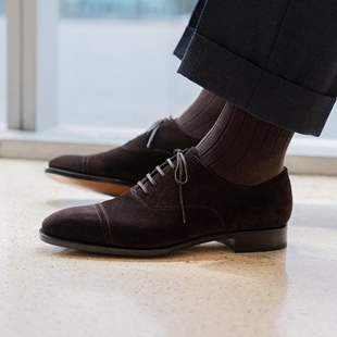 雅生AXEN 深棕色英国CFS厂Repello翻毛皮布洛克雕花牛津鞋橡胶底