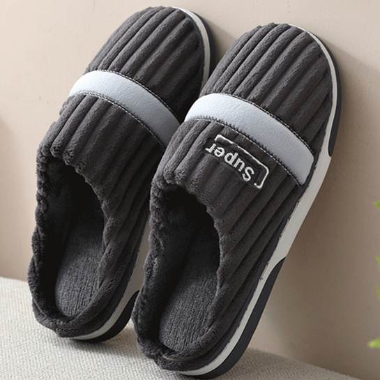 秋冬季大码男士棉拖鞋家用室内防滑厚底复古简约保暖拖鞋4647加绒