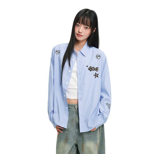 404MOB美式条纹豹纹贴布刺绣长袖衬衫复古宽松休闲叠穿衬衣外套