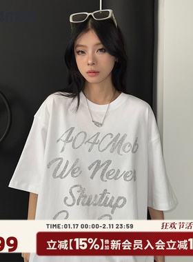404MOB超火字母烫钻情侣落肩短袖T恤男女ins潮流宽松纯棉体恤上衣