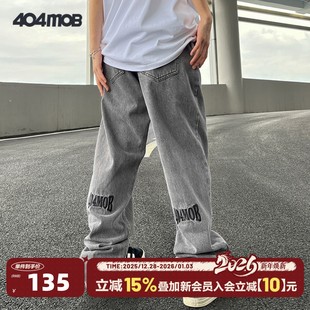 404MOB潮牌刺绣oversize裤 男 子ins高街潮牌欧美vibe烟灰色牛仔裤