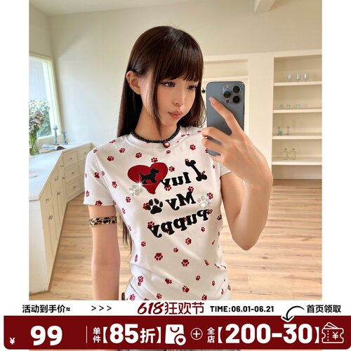 404MOB夏季美式爱心烫钻狗爪满印修身短袖T恤女辣妹休闲上衣打底