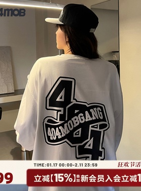 404MOB创意logo美式潮牌春秋圆领套头宽松情侣装基础长袖t恤男女