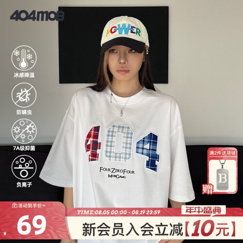 404MOB格子贴布刺绣圆领短袖T恤
