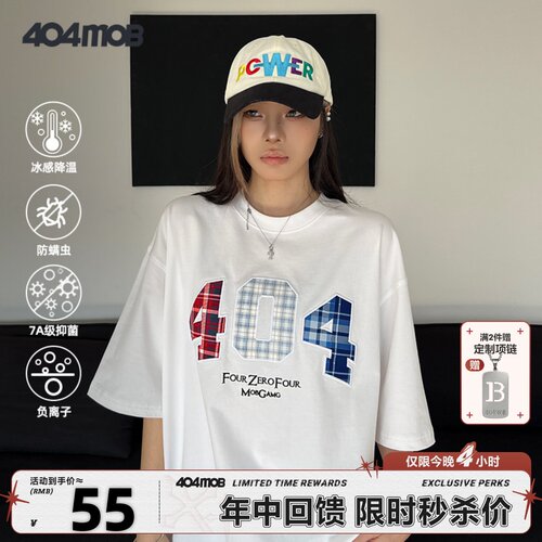 404MOB格子贴布刺绣圆领短袖T恤