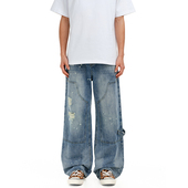 404MOB泼墨涂鸦拼接休闲直筒裤 子 水洗做旧裤 宽松牛仔裤 长男女美式