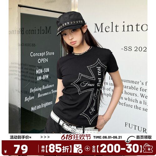 404MOB美式立体烫钻甜辣正肩修身款短袖上衣女十字架印花短T恤衫