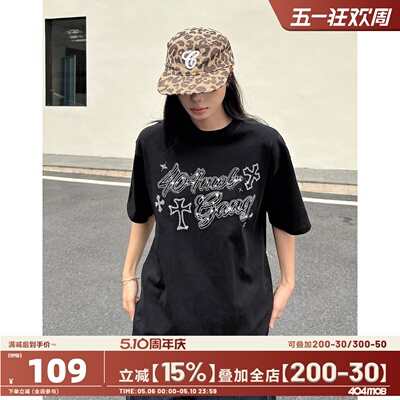 404MOB重磅280g烫钻短袖T恤男款情侣装上衣潮牌夏季半袖打底衫女