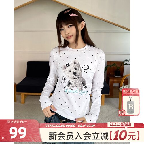 404MOB美式波点小狗印花长袖T恤女秋季辣妹风短款修身圆领打底衫
