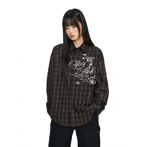 404MOB美式复古格子衬衫女秋季宽松高街印花全棉长袖衬衣情侣外套