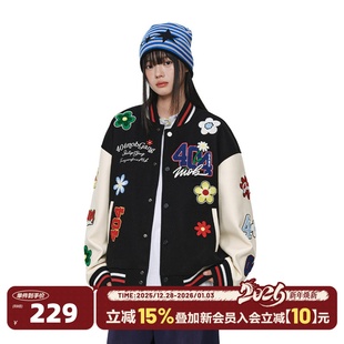 404MOB花朵刺绣秋冬新款 潮牌宽松百搭休闲夹克 棒球服外套男美式