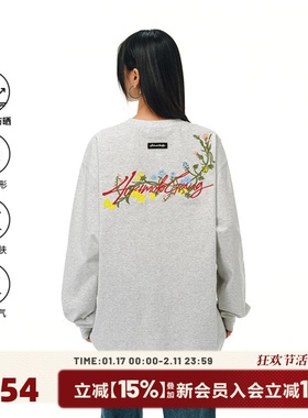 [章若楠同款]404MOB花卉刺绣长袖T恤男女美式宽松防晒圆领打底衫