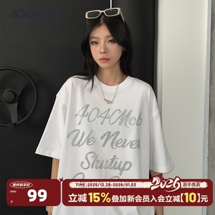 404MOB超火字母烫钻情侣落肩短袖 T恤男女ins潮流宽松纯棉体恤上衣