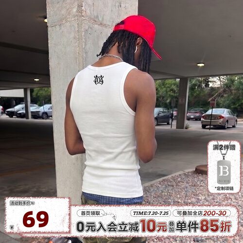 404MOB夏新款修身紧身字母刺绣打底背心黑白纯色高罗纹无袖T恤男