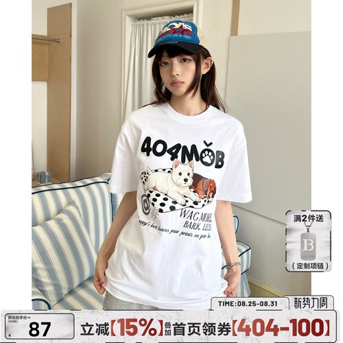 404MOB重磅300g小狗印花短袖T恤2026夏季新款宽松慵懒风纯棉半袖
